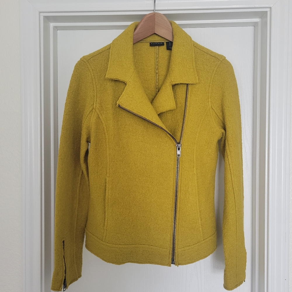 Tahari Wool Blend Boucle Asymmetrical Moto Zip Jacket in Mustard Yellow Size S.